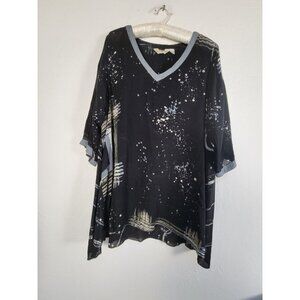 Lyng Womens Sz Medium Black Artsy Rayon V-Neck Asymmetrical Hem Tunic Top